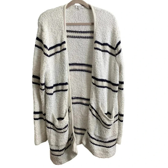 Madewell Striped Bouclé Cardigan Long Cardigan Crochet Detail Cozy Sweater Sz L - Picture 4 of 10